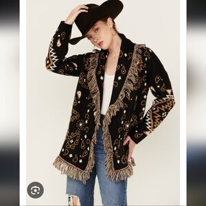 Fringe Knit Cardigan with Western Pattern